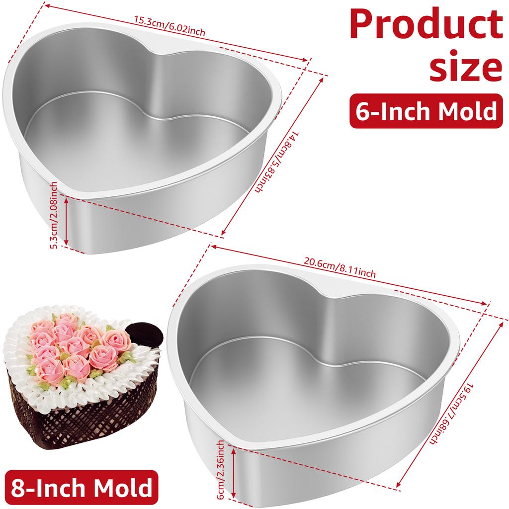 2Pcs Heart Shape Cake Pan 6 Inch 8 Inch Aluminum Alloy Cake Mold Cheesecake Baking Mold Tool Valentine's Day Birthdays Bakeware