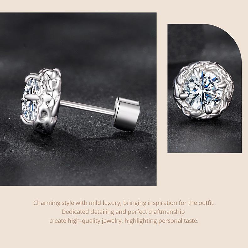 D Color Texture Rock Sugar Moissanite Stud Earrings Women Shine Luxury S925 Sterling Silver Stud Earrings