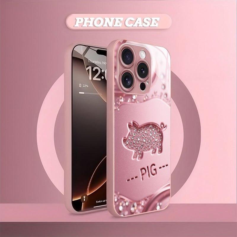 Lucky Pink Pig Pattern Metallic Paint Glass Hard Phone Case For iPhone 17 16 15 Pro Max 14 13 12 11 15 Plus 17 Air 16E Cover