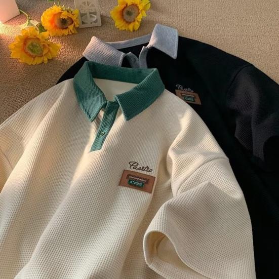 Sommer T-skjorte for menn Turn-down krage Vintage Løs Vaffeltekstur Ensfarge Halve ermer amerikansk stil Streetwear Outdoor Top