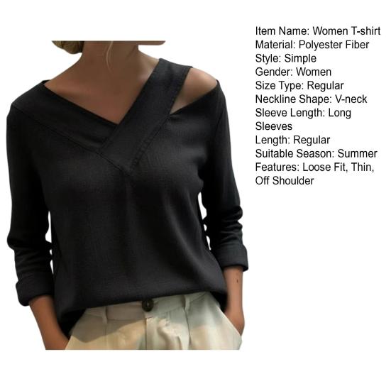 Women T-shirt V-Neck Off Shoulder Long Sleeve Pullover Tops Pure Color Loose Fit Summer Casual Shirt Daily