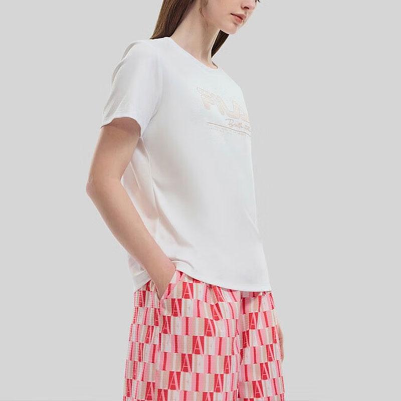 FILA Emerald American Vintage Logo Print Casual Fitted Crew Neck T-Shirt Women Tops White F11W334102F-WT