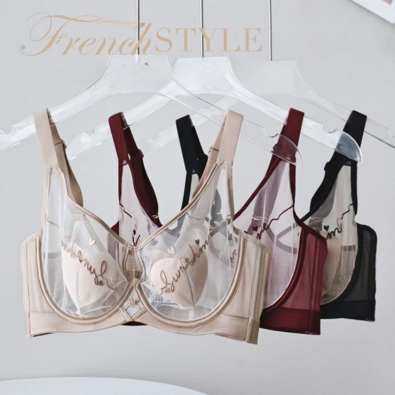 French Letter Embroidery Semi-transparent Mesh Heart Cup Bra Light and Thin Breast-revealing Small Memory Wire Support Bra