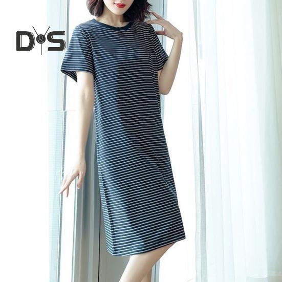 Damen Casual Gestreiftes Mittelkleid Kurzarm Locker Rundhals Sommer Leicht Bequem Büro Strand Partykleid