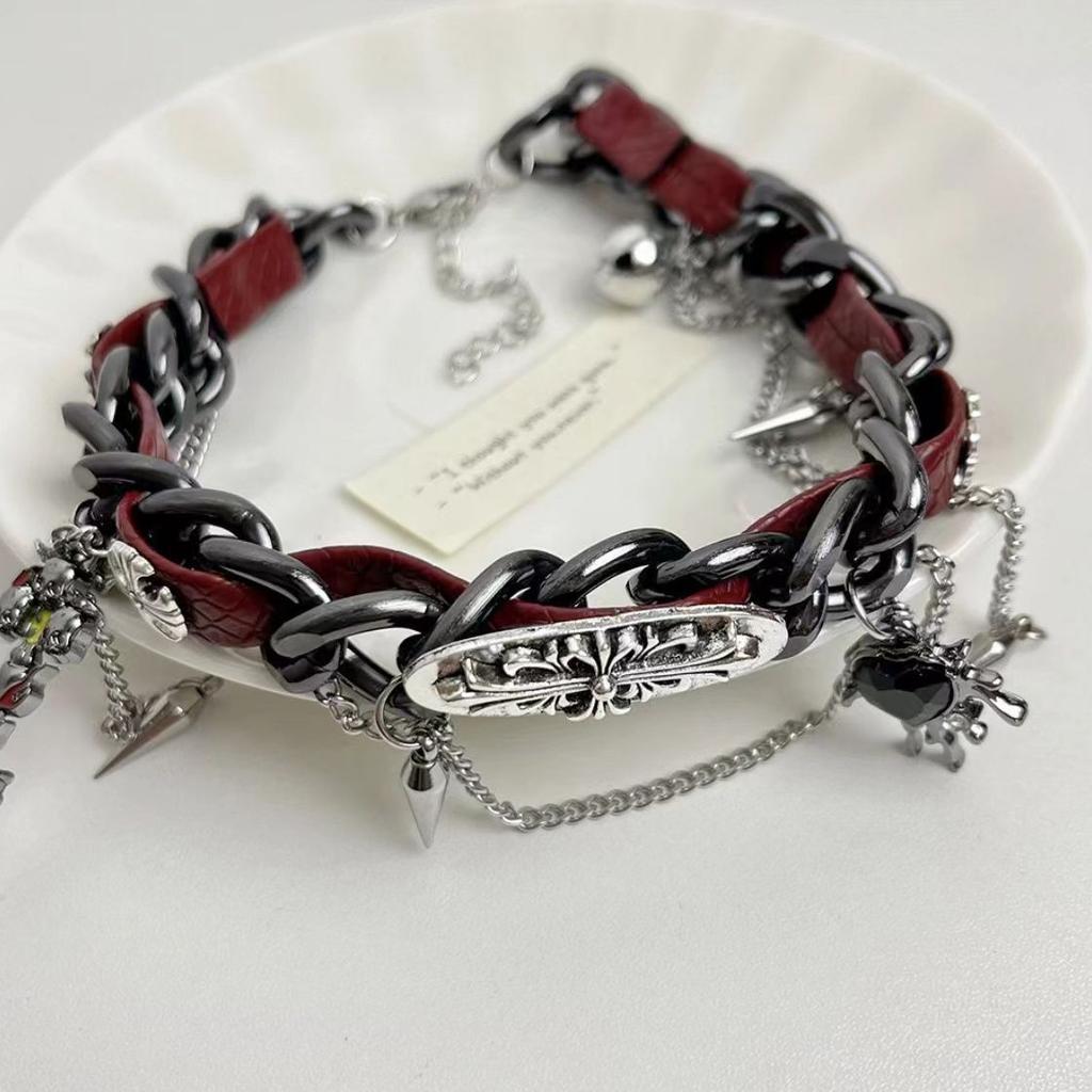 Winding Rivet Leather Collar Cropunk Metal Love Female Yk Subculture Niche Design Necklace