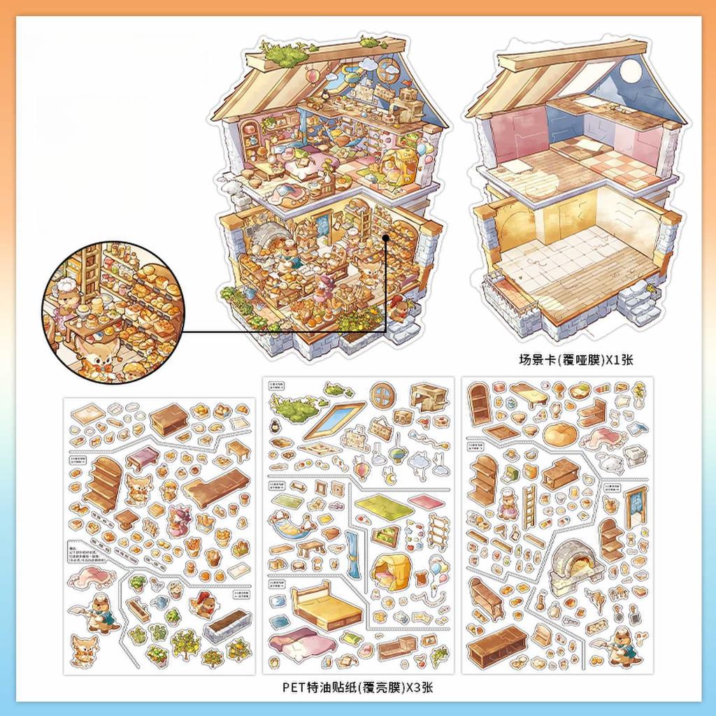 Kawaii 3D Bakery Landscape Sticker DIY Pocket Cabin Scene Festival Gift