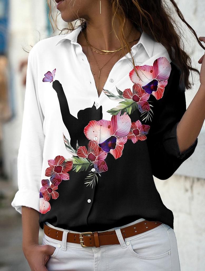Women's Shirt Blouse Butterfly Gradient Printing Button Long Sleeve Casual Fashion Standing Collar Spring and Autumn Blouse