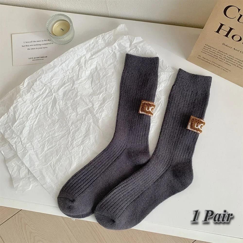 1Pair Winter Solid  Velvet Thickened Pile Socks Multicolored Embroidered Logo Warm Mid-Calf Length Socks Casual Cotton Socks