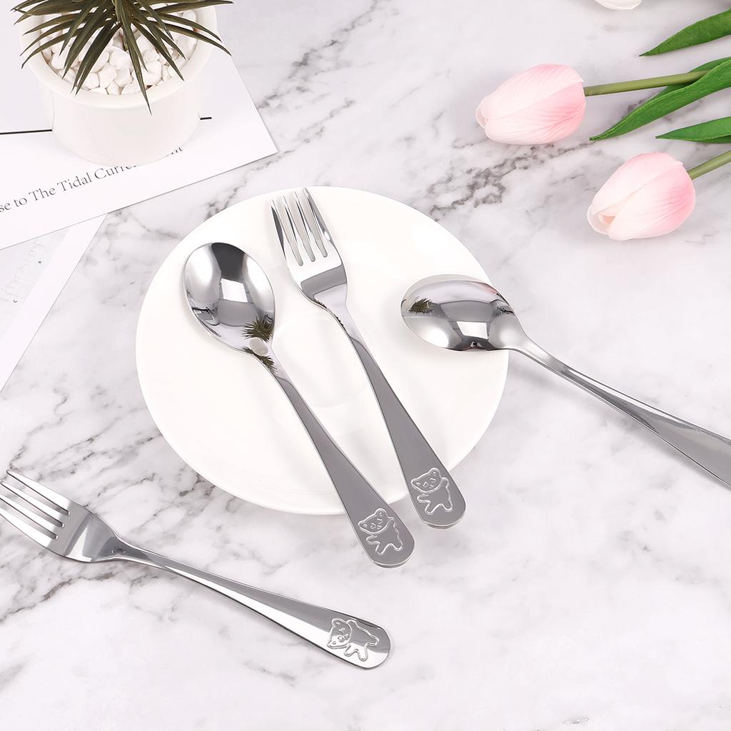 10Pcs Kids Teaspoon Spoon Food Feeding Fork Utensils Set Stainless Steel Dinnerware Cute Cartoon Bear Tableware Silverware