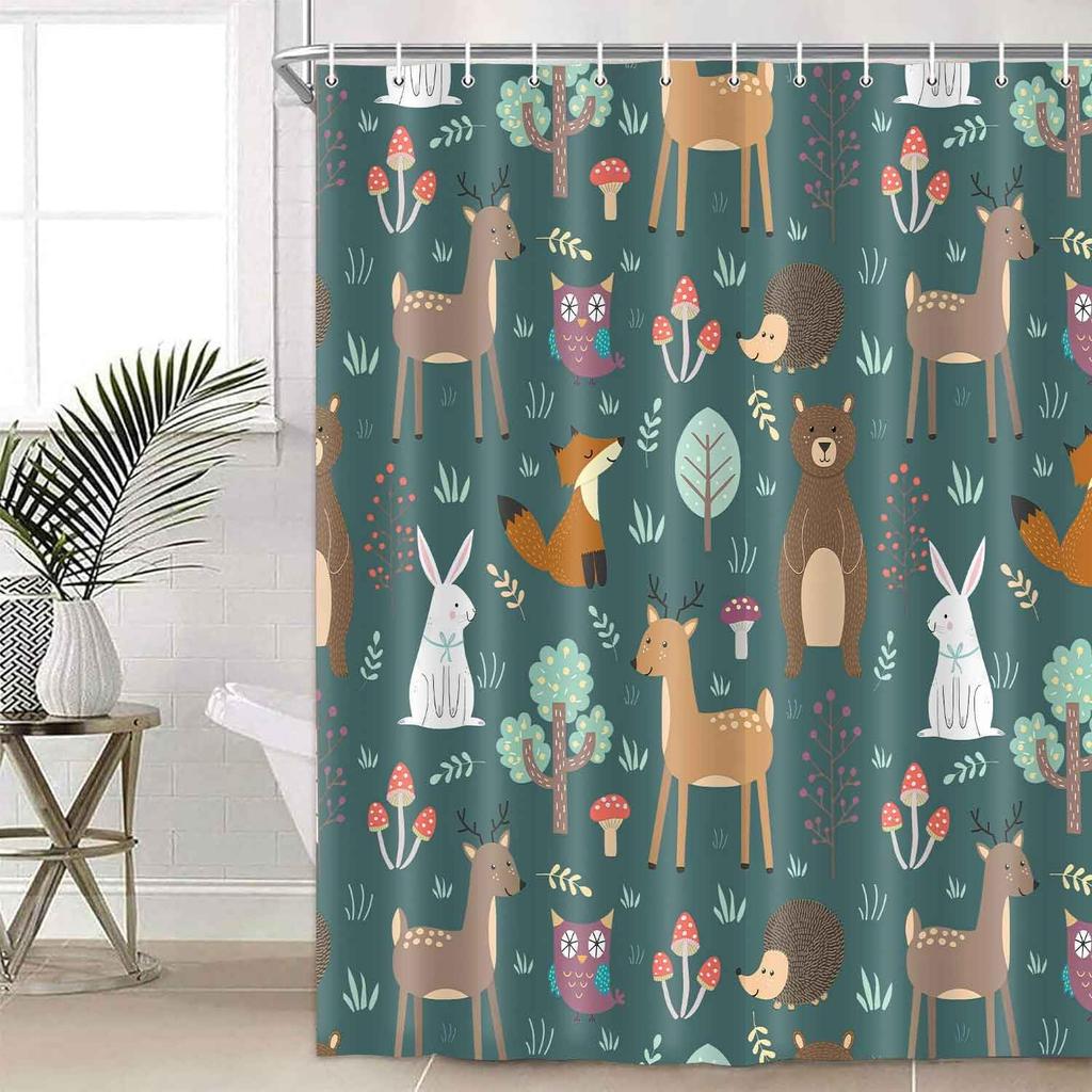 Cute Fox Bear Mushroom Floral Fabric Shower Curtain Boho Vintage Plants Nature Flowers Retro Bohemian Botanical Nature Bath