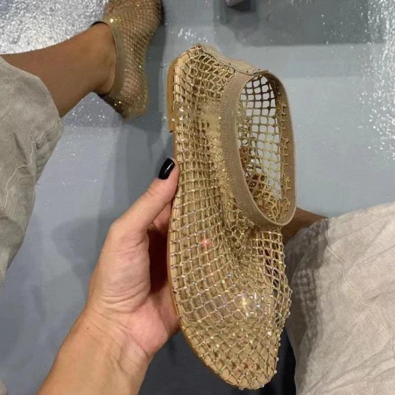 Fashion 2025 New Women Luxury Brand Round Toe Flat Bottom Sandals Summer Hollow Short Boots Water Diamond Sexy Flat Bottom Shoes Sandals