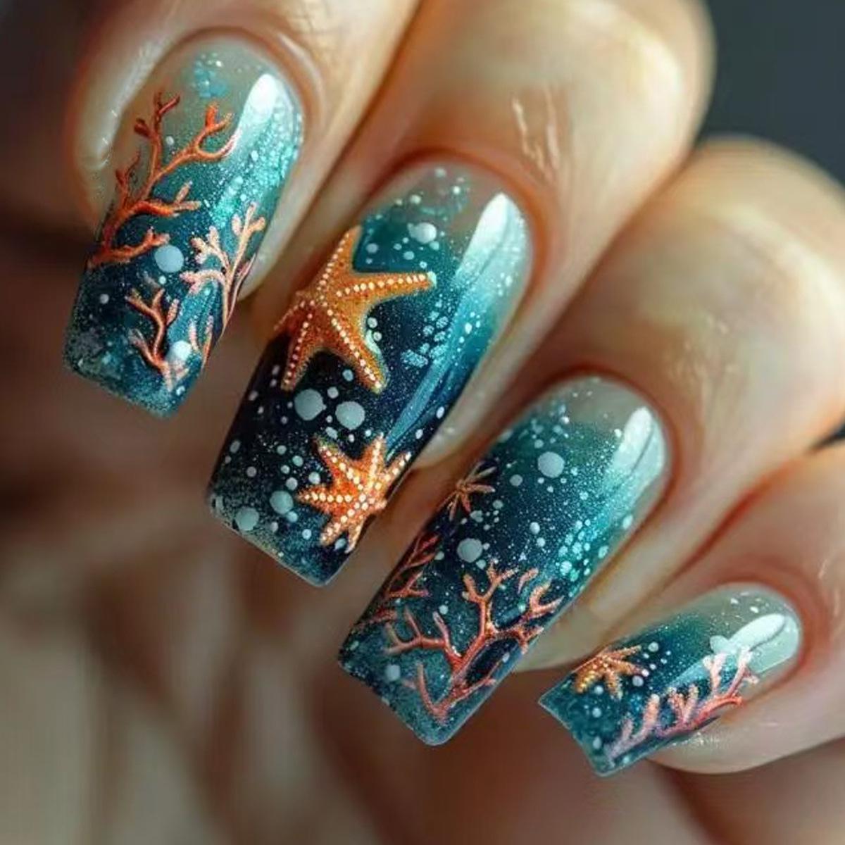 Elegant Glossy Dark Blue Starfish Nail Art Stickers - 24 Medium-Length Wearable False Nails темно-синий