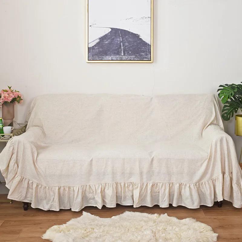 Ruffles Sofa Towel Multi-functional Cover Polyester Hemp Printing Pastoral Pleat Thick Plain Retro Couch Cover Home Decorate