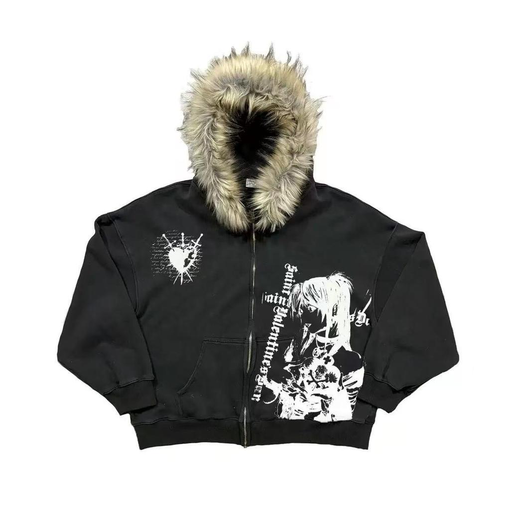 BeatStreet Autumn/Winter Y2k Women Aesthetic Harajuku Faux Fur Collar Hoodies Clothes Graphic Hip Hop Punk Gothic Zip Up Hoodies