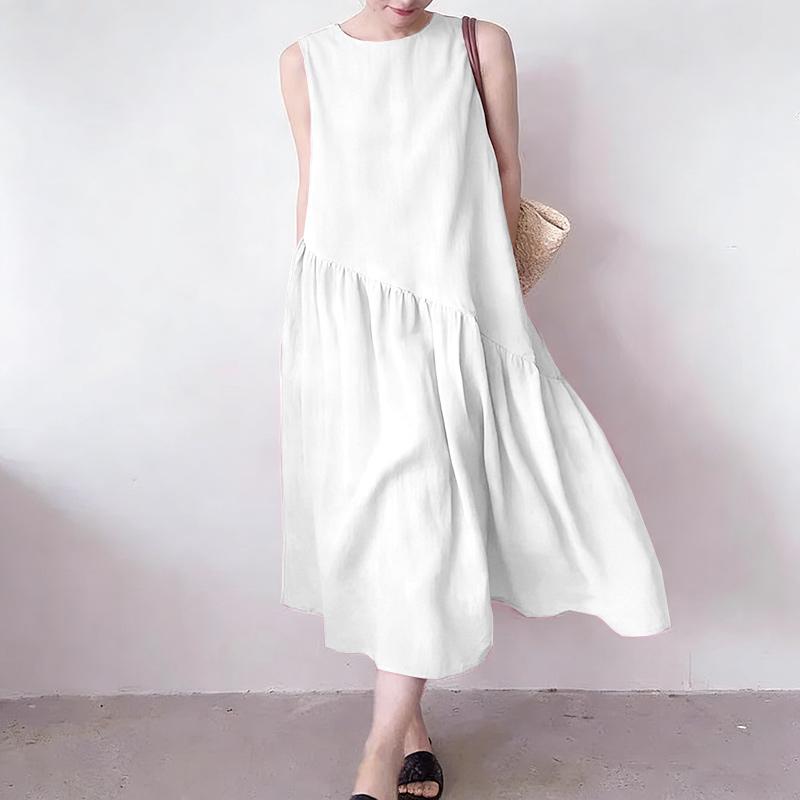 ZANZEA Women Casual Round Neck Summer Loose Sleeveless Dress S белый