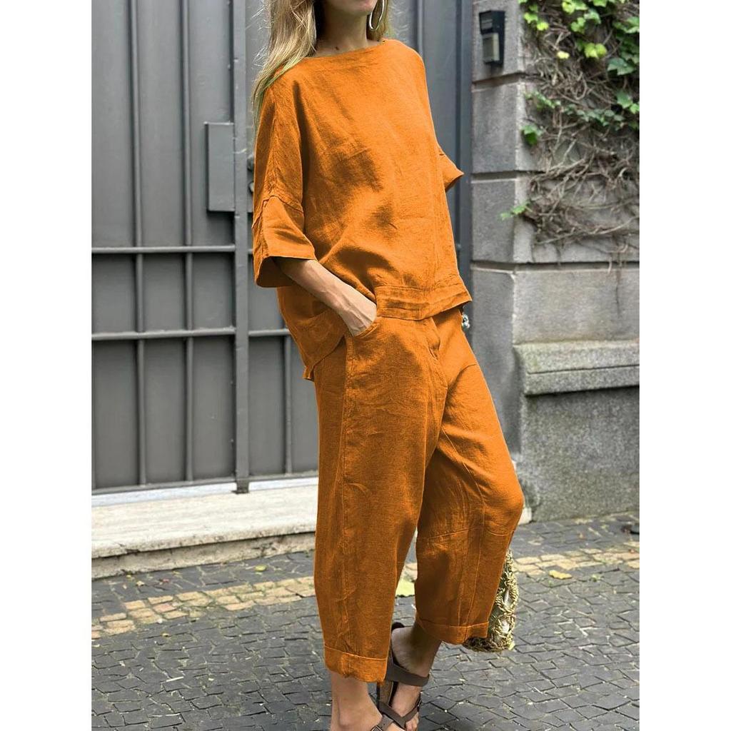 Damen T-Shirt Hosen Set Dreiviertelärmel O-Ausschnitt Lockeres Oberteil Elastische Taille 2 Teile/Satz Übergröße