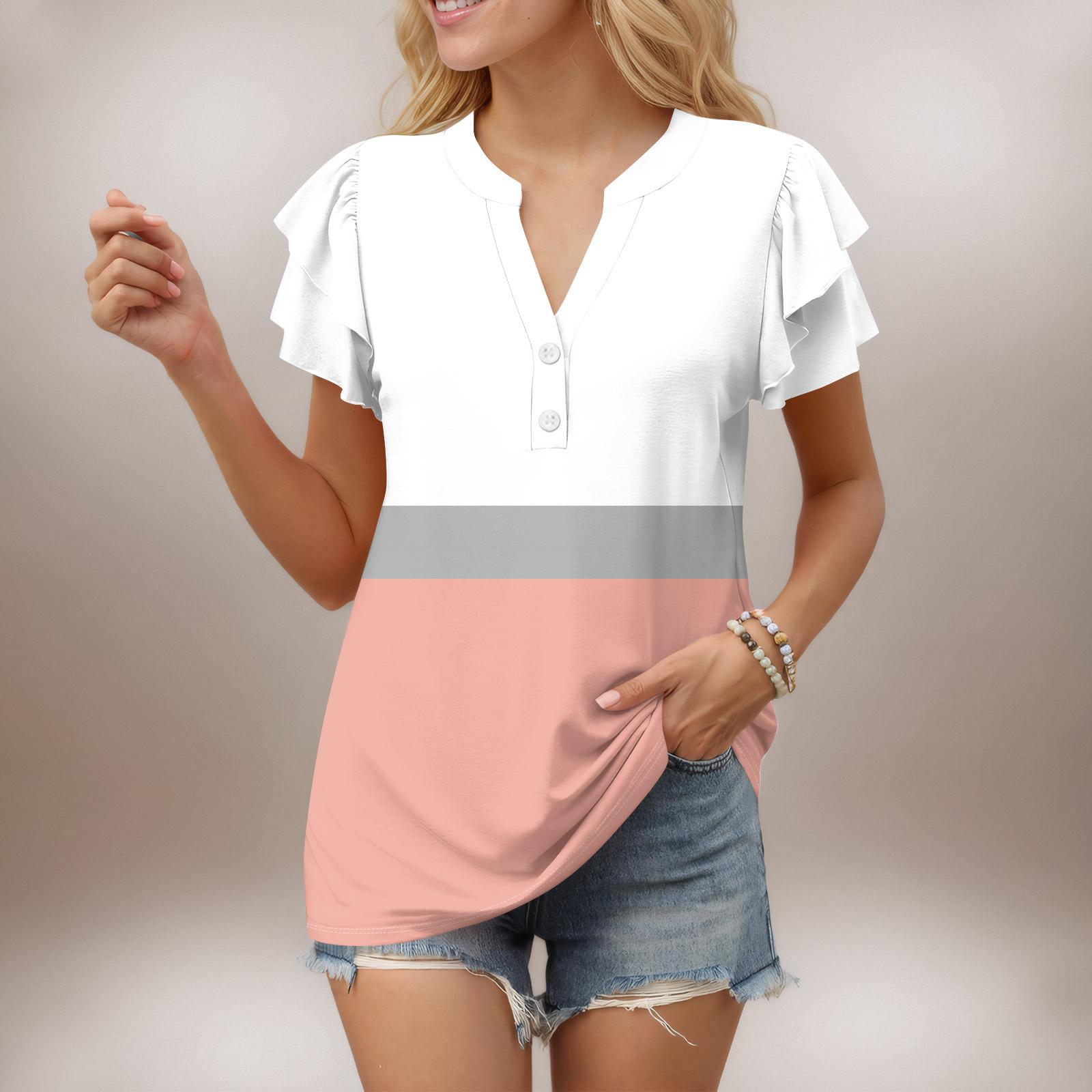 

Женский повседневный топ с короткими рукавами, застегивающийся на пуговицы и V-образным вырезом, с градиентными оборками и принтами XL арбуз красный