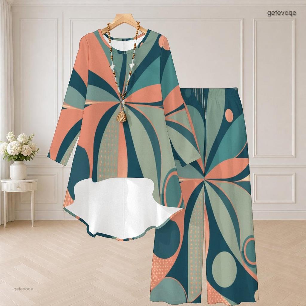 Women Plus Size Round Neck Long Sleeve Printed High Low Top Wide Leg Pants Two Piece Set