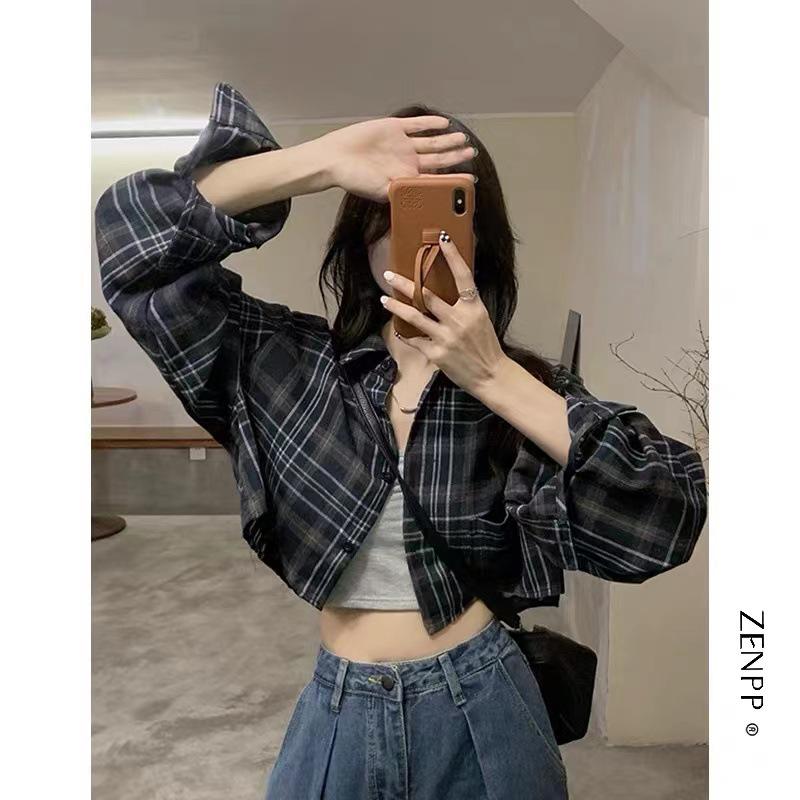 Women's Korean Retro Plaid Slimming Shirt - Long Sleeve, Short Top for Spring & Autumn 2025