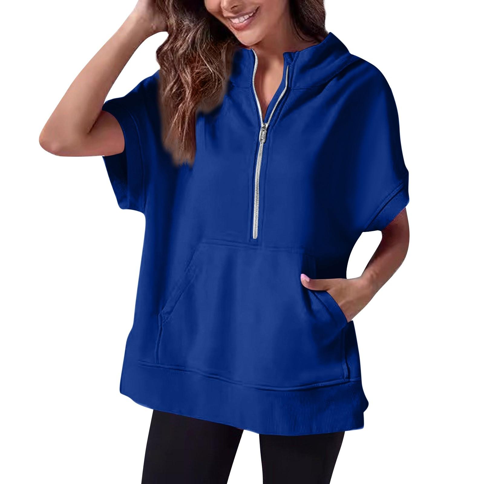 

Женская мода, повседневная однотонная толстовка с капюшоном и коротким рукавом с карманом на молнии и короткими рукавами XL