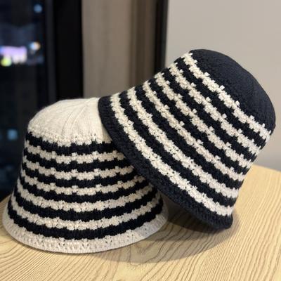 Neuer Hut Damen Strick Fischerhut Damen Herbst und Winter Koreanischer Gestreifter Karierter Beckenhut Warm und Vielseitig Modischer Bucket Hat
