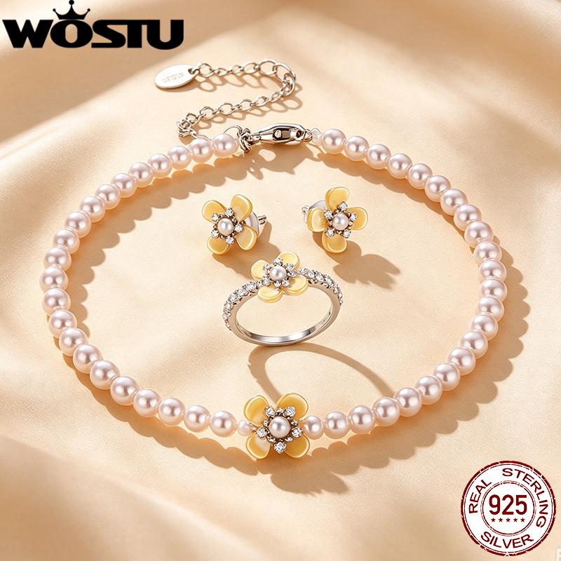 WOSTU 925 Sterling Silver Yellow Shell Pearl Flower Ring Floral Stud Earrings Adjustable Pearl Bead Bracelets Wedding Party Gift