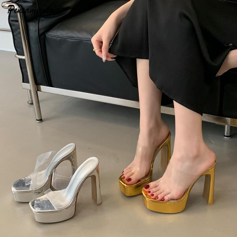 15cm Ultra High heels Platform Wedges Women Slippers Sandals Transparent PVC Chunky Heeled Mules Slides Summer Shoes