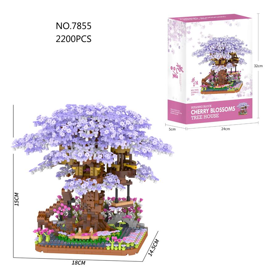 Kirschblütenhaus Bausteine Kirschblüten Straßenansicht Mini-Bausteine Mikro-Bausteine Kinderspielzeug 3D-Modelle Kreative Ornamente