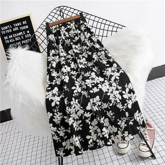 Women's Black & White Floral Chiffon Midi Skirt - High Waist A-Line Summer Style