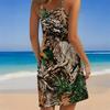 Women Plus Size Leaf Camouflage Print Scoop Neck Thin Straps Sleeveless Loose Beach Dress