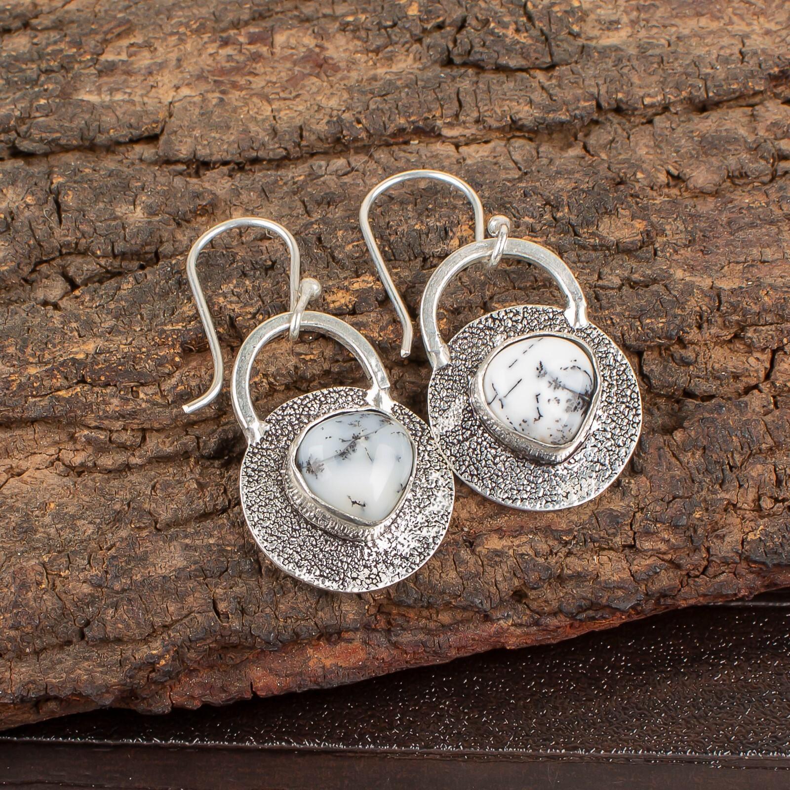 

Natural Dendritic Opal Gemstone 925 Sterling Silver Jewelry Hook Earrings 1.30 EE-63-19