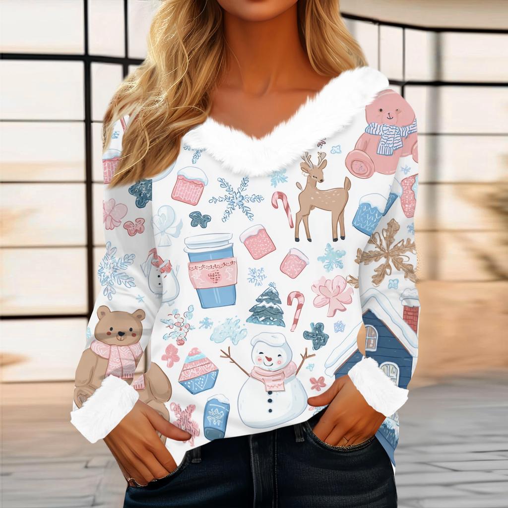 Women's Casual Fashion Long Sleeve Christmas Printed Flannel Collar Top