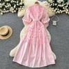 Lace A-word Embroidered Hollow Dress Women's Spring and Summer Long Sleeves Waist Thin Commuter Dress Pink