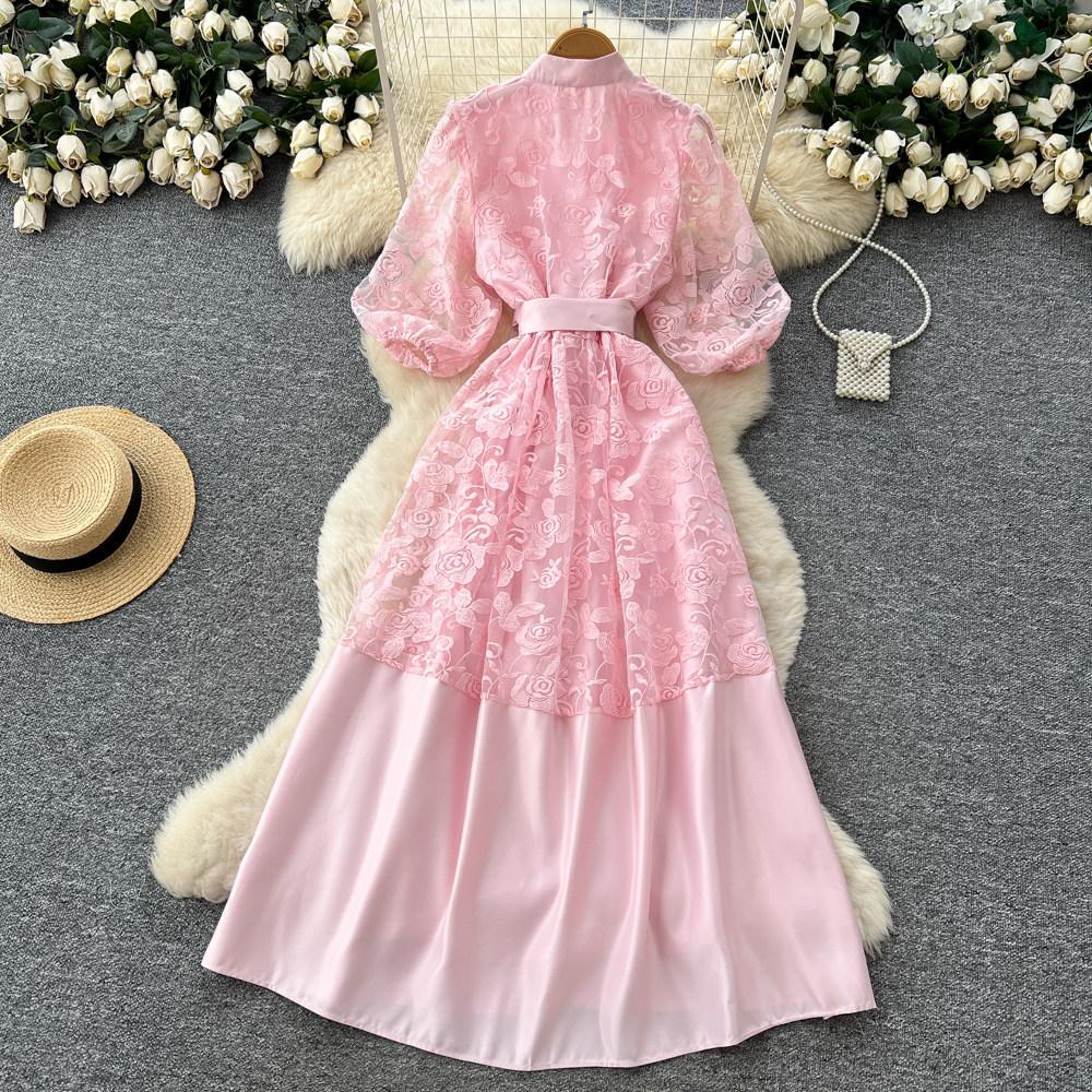 Lace A-word Embroidered Hollow Dress Women's Spring and Summer Long Sleeves Waist Thin Commuter Dress Pink