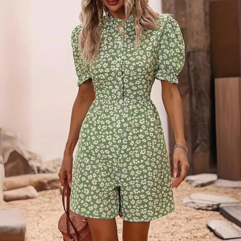 Temu Women's Daisy Print Puff Sleeve Jumpsuit - Fashionable Holiday Wear