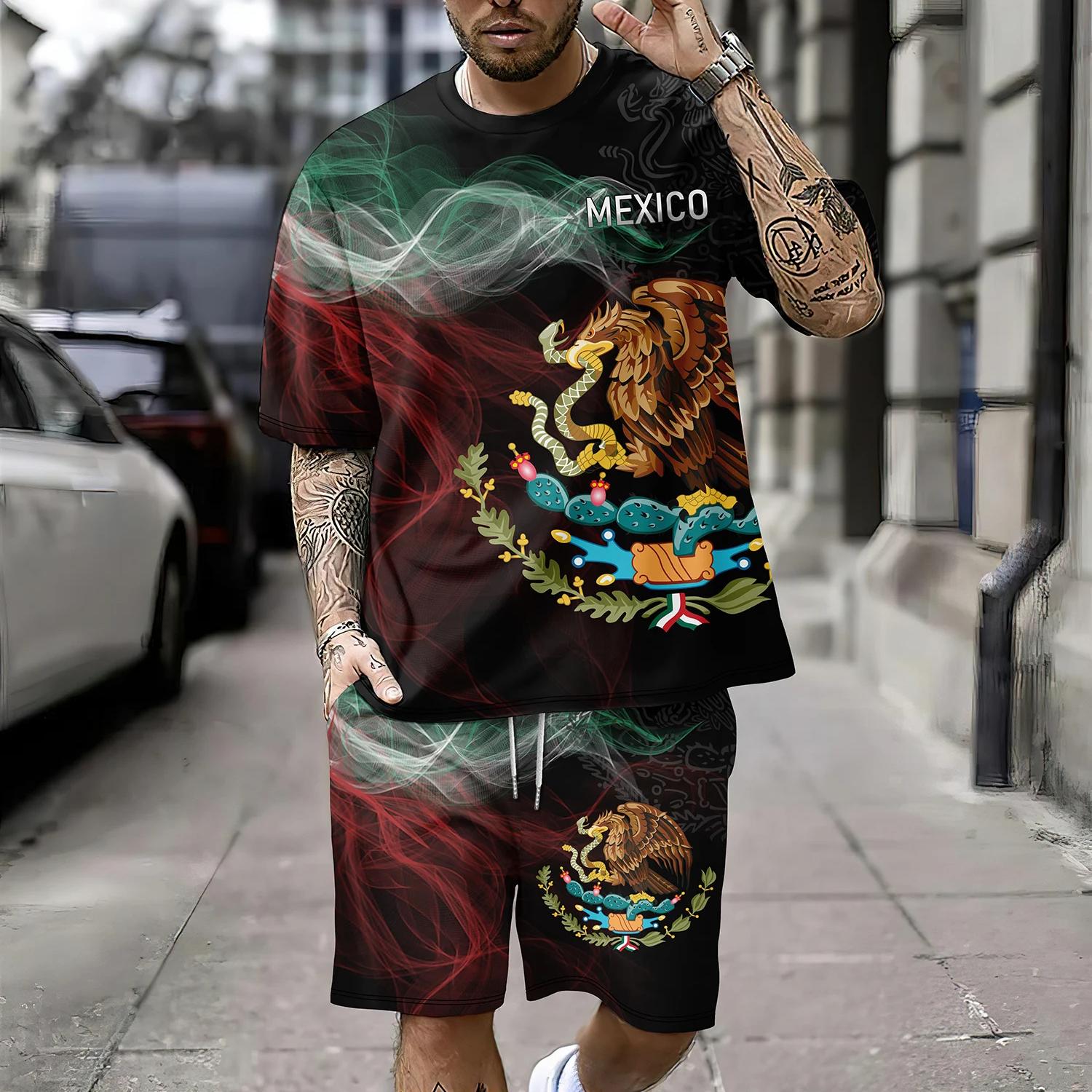 

Мужской комплект уличной повседневной одежды из двух предметов с короткими рукавами и шортами с 3D узором в мексиканском стиле S