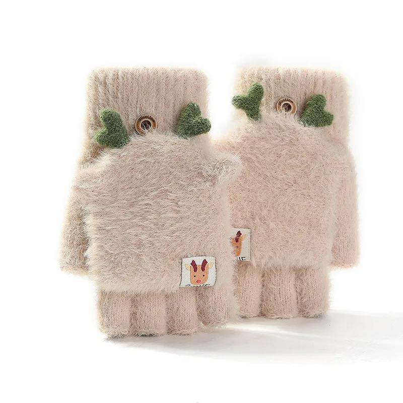 Winter Women Cute Antler Plush Motorcycle Gloves Warm Winterproof Half-finger Flip Gloves Christmas Deer Fashion Female Mittens
