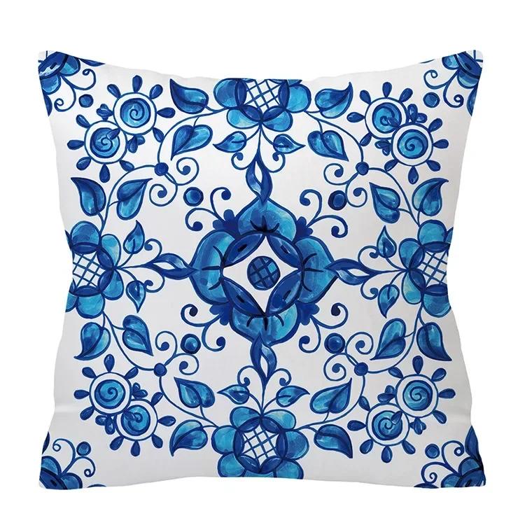 Aquarell Blau Kissenbezug Geometrie Ethnisch Floraler Druck Kissenbezug Modernes Boho Dekor Wohnzimmer Sofa Kissenbezug 45*45cm