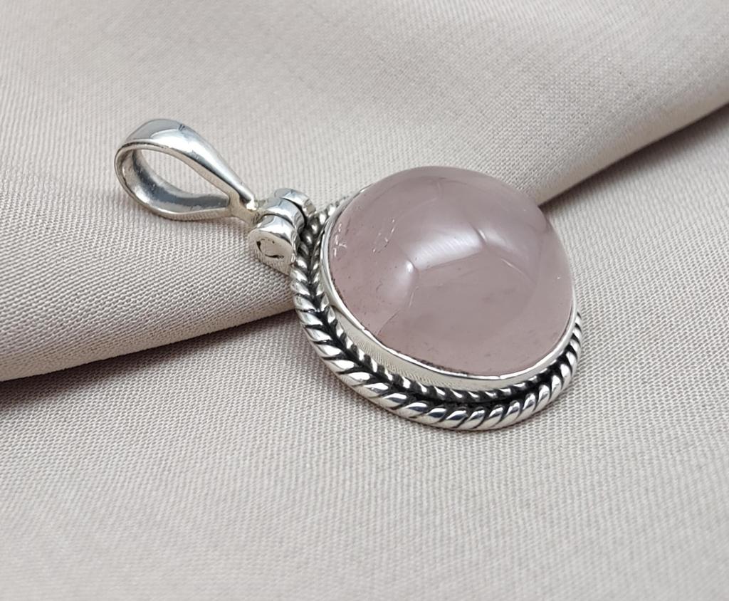 Handmade Rose Quartz Pendant: 925 Sterling Silver Round Necklace