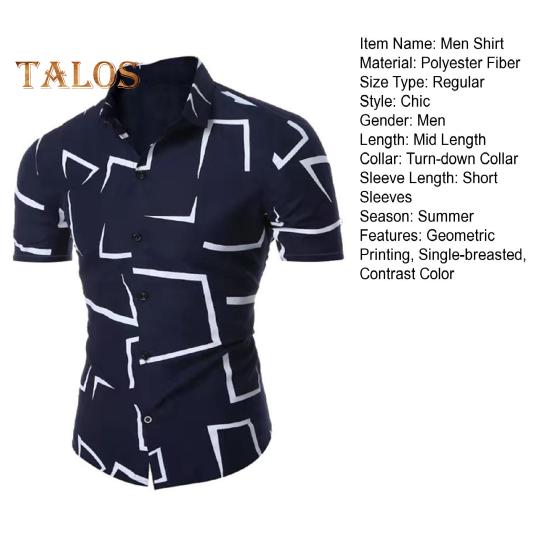 Sommerhemd für Herren, geometrischer Druck, einreihig, kurze Ärmel, Slim Fit, Umlegekragen, mittellanges Hemd in Kontrastfarbe