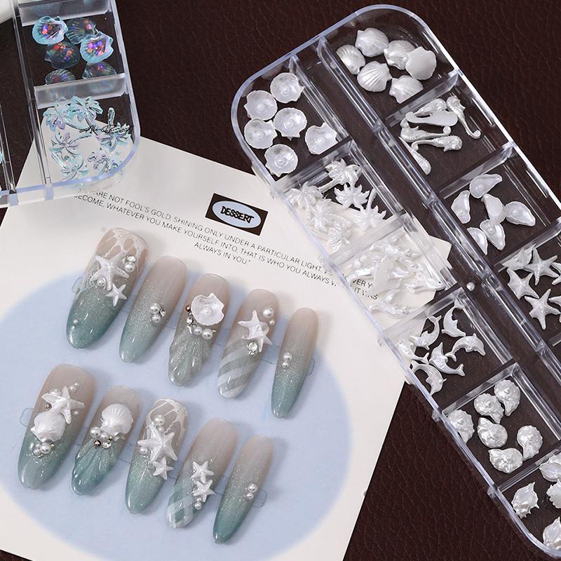 12 Grids/Box 3D Nail Art Charms Aurora Shells Starfish Mermaid Tail Accessory for Dreamy Oceanic Manicure Look