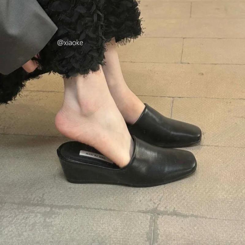 

Wedge Heel Baotou Half Slippers Women Wear Summer Small High-heeled Sandals 40 чорний