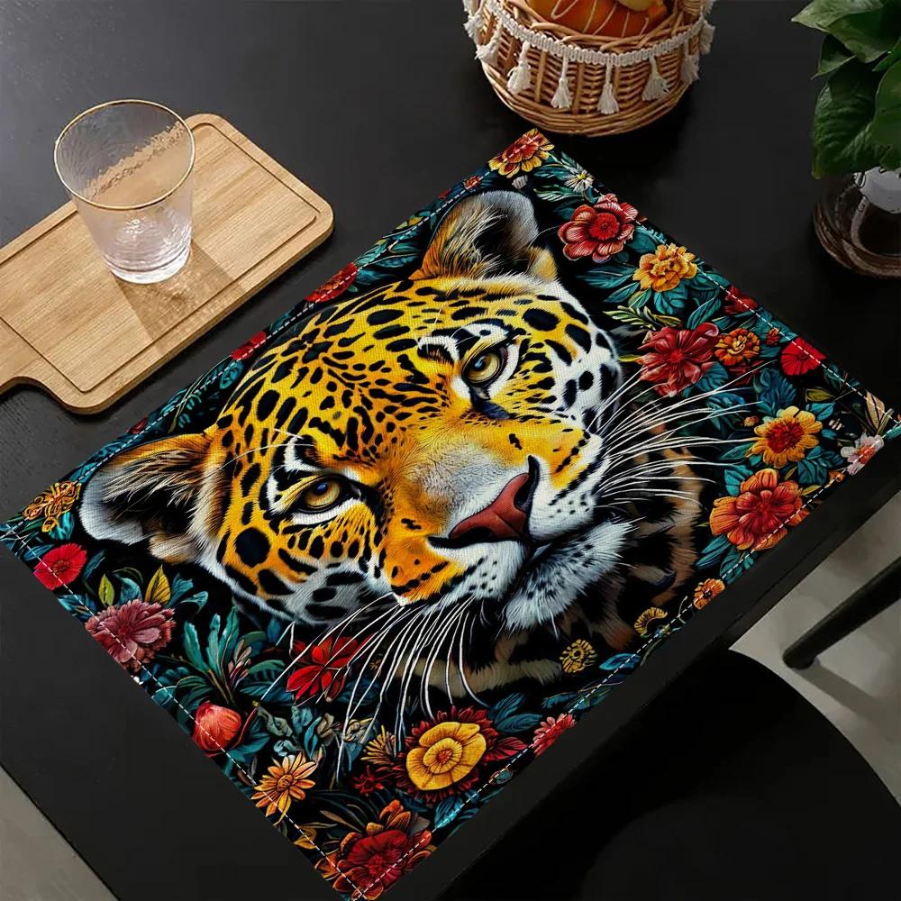 

Leopard And Flowers Anti skidding Dining Table Pads Heat Resistant Guard Countertop Protector Decor mat 30x45cm-4PC
