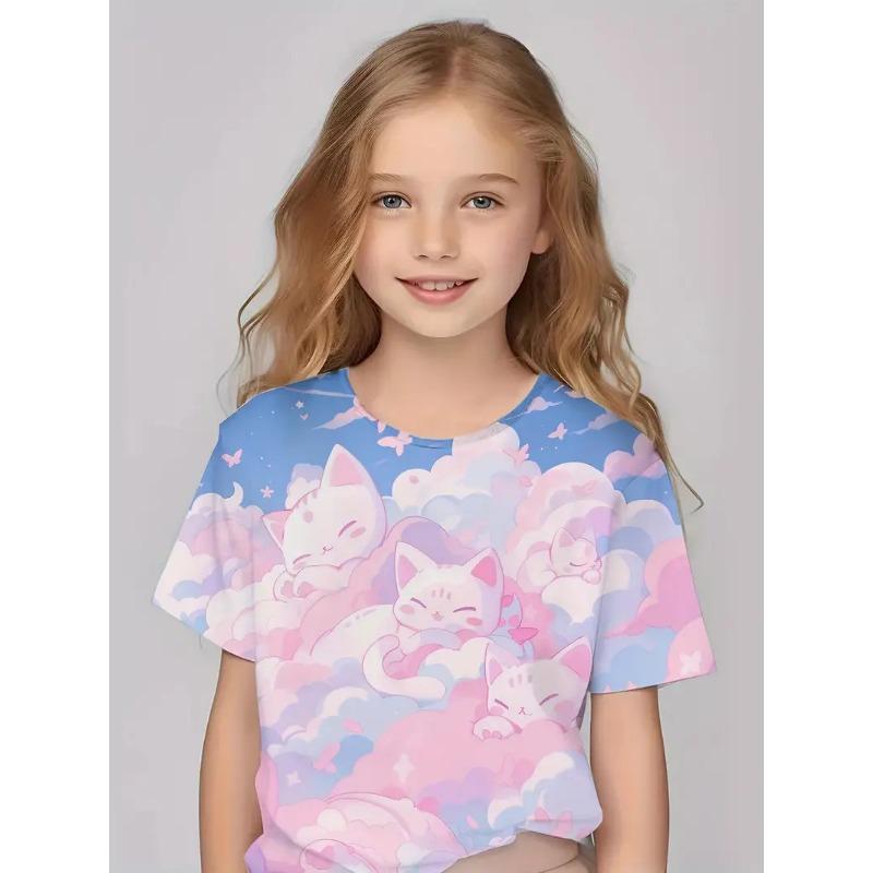 Kids T Shirt Spring Autumn Girls' Printed Top Short Sleeve Round Neck Bottom Top T-shirt Personalized Trendy Clothing Shirt