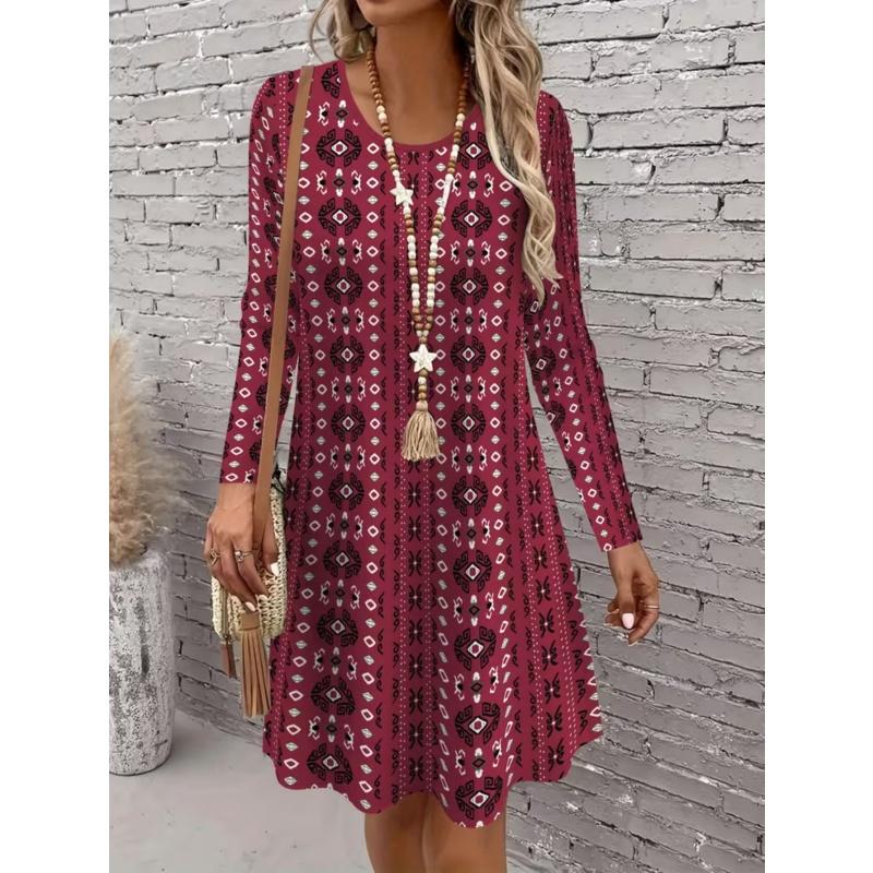 Dame kjole med print, rund hals, oversized, behagelig efterårs-/vinterpullover