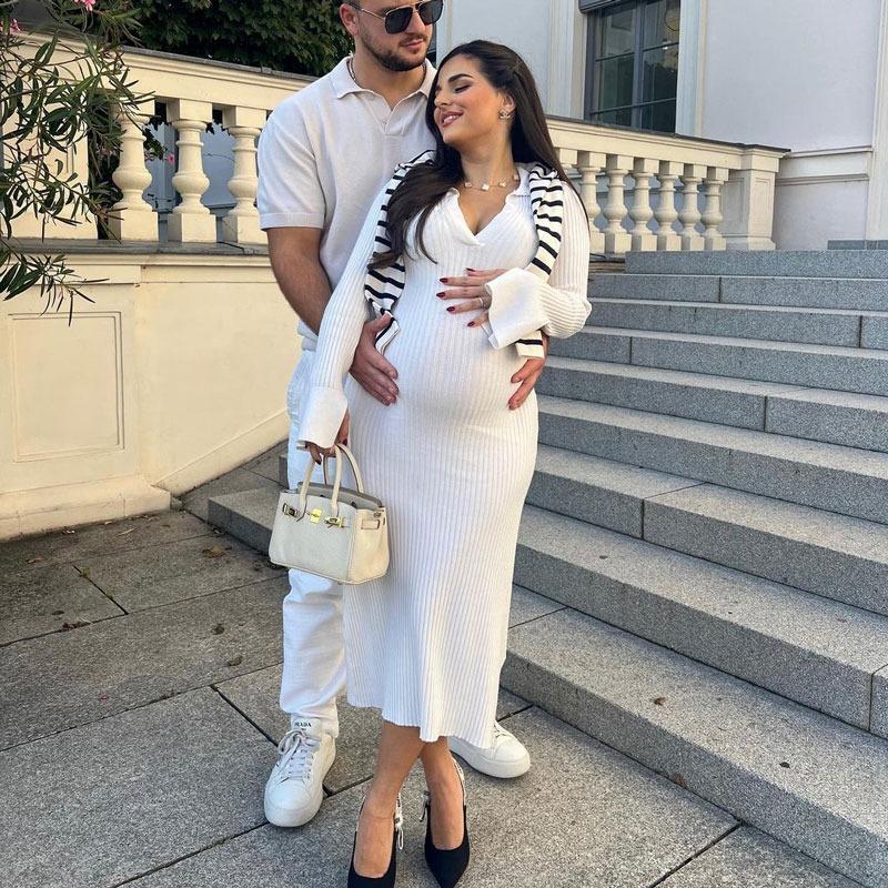 Vit stickad klänning med hög midja Mode kvinnor Ribbslagsslag Höst 2023 Smal Elegant Lång Klänning Casual Stickad Solid Festklänning