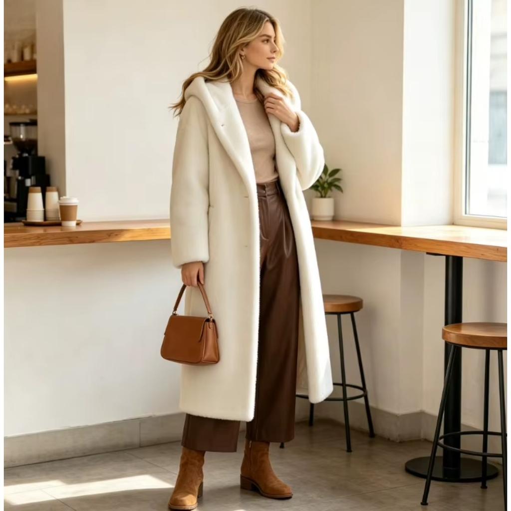 TrendHub Faux Fur Long Coats Solid Lace Up Jackets Hooded Long Sleeves Single Breasted Straight Elegant Casual Autumn Winter