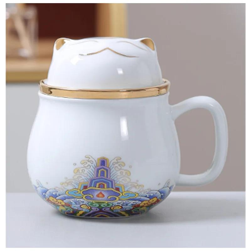 320ml Chinese Cartoon Ceramic Cat Mug Office Teacup with Spoon Separated Tea Cup for Tea Gift Cup 320ML