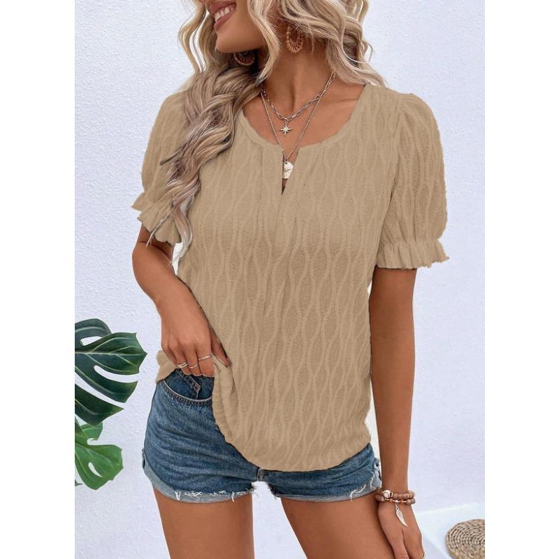 Spring and Summer New Style V-neck T-shirt Puff Sleeves Jacquard Women's Casual Loose Short-sleeved Women's Clothing