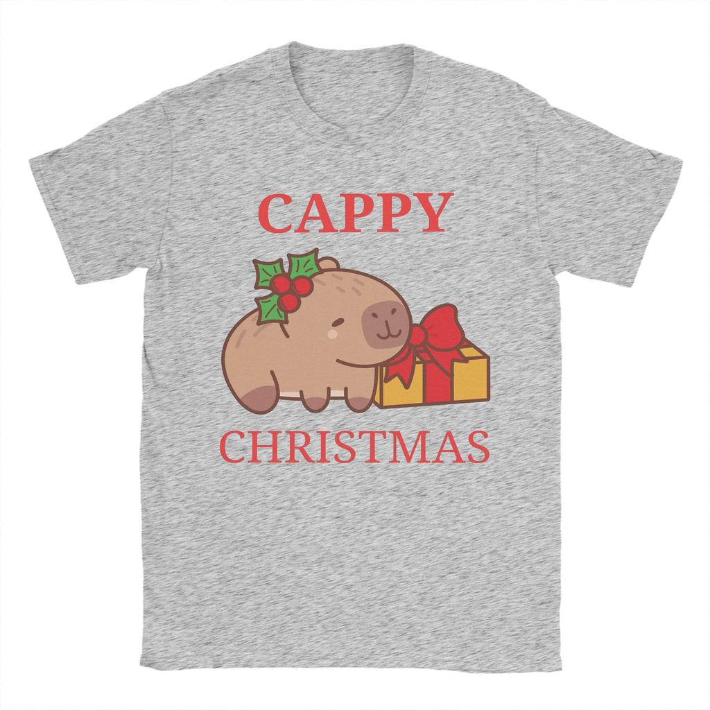 Cappy Christmas Capybara with Present Men's T Shirts Humorous Tees Short Sleeve Crew Neck T-Shirt Pure Cotton Gift Idea Tops